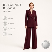 Ensemble tailleur deux pièces bordeaux personnalisé pour femme, broderie florale, blazer croisé, pantalon large, idéal pour le bureau et les occasions formelles, vente en gros