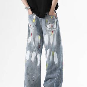 Jeans de Mezclilla Holgados de Pierna Recta con Estampado de Grafiti de Moda Hip Hop Personalizados con MOQ Bajo para Hombre, Otoño, Verano, Primavera - Product Image 4
