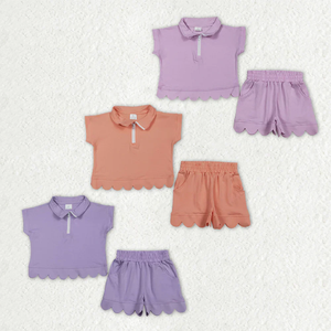Ensemble de vêtements en coton pour bébés filles, chemise à manches courtes avec fermeture éclair et short à volants - Product Image 1