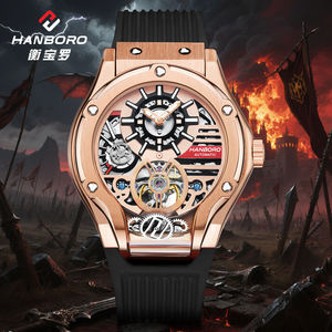 HANBORO 완전 자동 남성용 손목시계 방수 발광 유행 기계식 시계 실리콘 밴드와 유리 다이얼 창 - Product Image 2