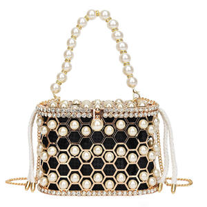 Sac seau chic de luxe fait main pour femme, grand sac à main décontracté avec perles transparentes, chaîne métallique et fermeture éclair, sac de soirée à bandoulière - Product Image 1