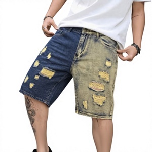 Shorts en jean déchirés patchwork pour homme, bicolores, effet usé, style hip-hop, été - Product Image 1