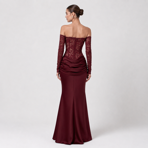Abito <span class=keywords><strong>da</strong></span> <span class=keywords><strong>sera</strong></span> a sirena in raso <span class=keywords><strong>bordeaux</strong></span> con spalle scoperte, corsetto in pizzo floreale e maniche lunghe arricciate, personalizzato OEM/ODM, per donna, abito formale, produzione in fabbrica - Product Image 2