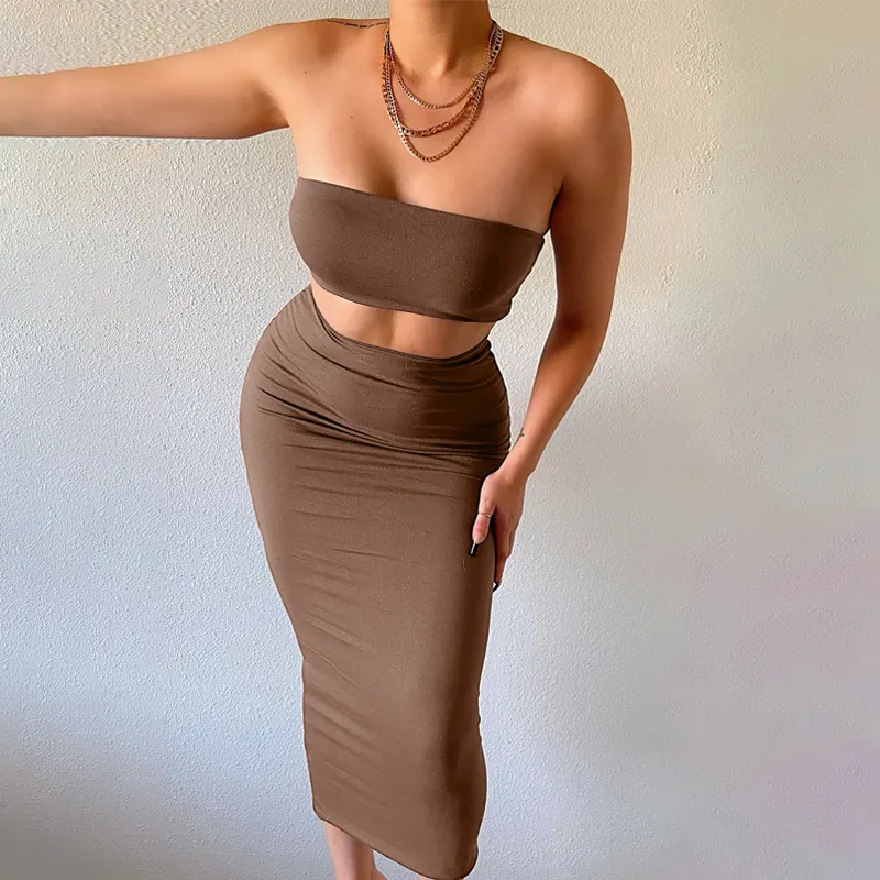 Lagerfe Sleeveless Tube Crop Top Midi Skirt 2 Two Piece Set Summer Elegant Trending 2021 New Arrivals Women Fashion Clothing