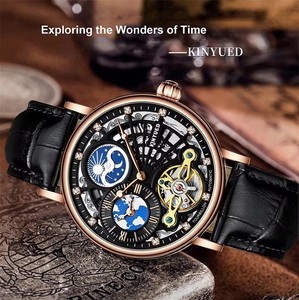 Montre mécanique pour homme KINYUED, mouvement automatique, phase de lune, bracelet en cuir, étanche 3ATM, plusieurs fuseaux horaires - Product Image 4