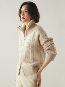 Suéter cárdigan de Cachemira de peso pesado con cuello de solapa de punto de cable con cremallera de doble cara para <span class=keywords><strong>mujer</strong></span> - Product Image 5