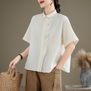 2026 Neue Sommer Großhandels-Bluse mit Blumenstickerei aus reiner Baumwolle, französischer Chic, locker geschnittene Oversize-Kurzarmbluse in Schwarz, Übergröße - Product Image 6