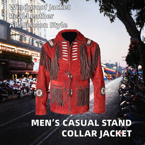 Red <b>Suede</b> Leather <b>Jacket</b> <b>Men</b> Vintage Fringe Embroidery Western Style Stand Collar Breathable Zipper Closure Regular Fit Winter - Product Image 2