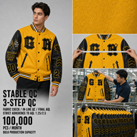 Chaqueta Varsity de Mezcla de Lana de 400 g/m² con Mangas de Cuero PU, Parches de Chenilla, Resistente al Viento, con Botones a Presión, Estilo Letterman, de Fabricante