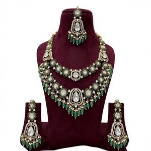 Vintage Gold Plated <b>Crystal</b> Necklace <b>Set</b> With Earrings For Women Wedding Party Wear Green Pearl Alloy Jewelry - Product Image 2