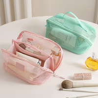 Sac à cosmétiques en maille, grande capacité, fermeture éclair, poignée souple, style simple, organisateur multifonction, étui de rangement pour maquillage de voyage