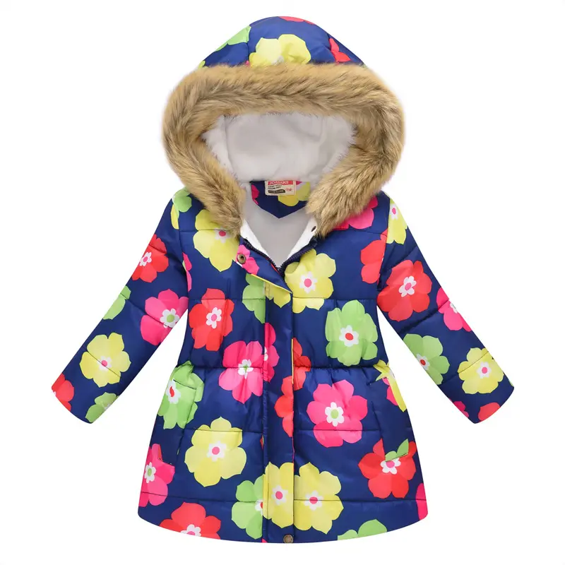 Fashion Girls Jackets Kids Winter Warm Coat for Girls Hooded Big Flower Kids Coats for Little Girls