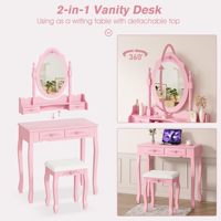 Ensemble coiffeuse et tabouret rose en bois de pin sur pied pour chambre de filles, avec miroir amovible et tiroirs