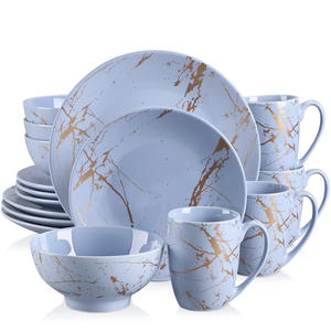 Juego de Vajilla de Lujo, Color Azul Claro con Líneas Doradas, Material de Porcelana Sostenible, Seguro, Incluye Tazas para Bodas y Restaurantes - Product Image 1