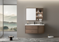 Meuble-lavabo mural de style rétro en bois massif multicouche avec miroir LED intelligent et vasque en céramique pour maison moderne