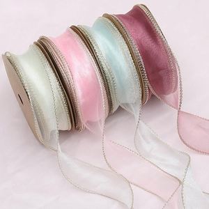 Korean Style <b>Thin</b> Transparent Gauze <b>Ribbon</b> with Golden Line in Edge for Flower Bouquet Wrapping - Product Image 1