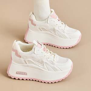 2026 Spring/Summer Breathable Net Shoes Thick <b>Heels</b> Casual Loafers Inner Height Increase Little <b>White</b> Shoes Versatile Dad Shoes - Product Image 1