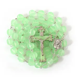 Religious Jesus Cross Green 8*8 mm Beads Terra Jerusalem Necklace Luminous Rosary