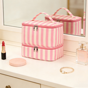 Trousse de Maquillage Multifonctionnelle Double Couche à Rayures Tendance, Grande Capacité, pour Vernis à Ongles et Articles de Toilette - Product Image 5