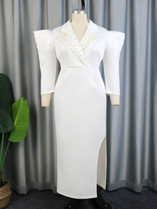 Robe de tailleur <span class=keywords><strong>longue</strong></span> à col en V avec fente perlée vêtements blancs pour femmes robes de carrière - Product Image 4