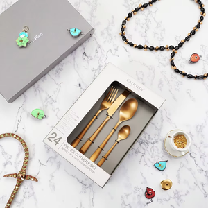 Chất lượng cao 304 thép không gỉ Flatware kim loại mạ vàng dao muỗng nĩa Bộ Quà Tặng 24 cái thiết lập dao kéo cho đám cưới - Product Image 4