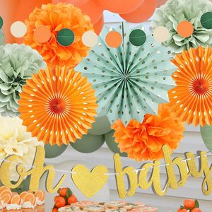 Decoraciones para Baby Shower en <span class=keywords><strong>Verde</strong></span> y Naranja, Pompones, Faroles y Guirnaldas en Beige, <span class=keywords><strong>Verde</strong></span> Salvia y Naranja para Fiestas de Cumpleaños de Niños y Niñas - Product Image 6