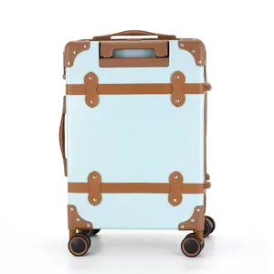 Blue Retro Style Travel Bags PC ABS Vintage Spinner Luggage Leather Trims Suitcase Female With 8 Wheels