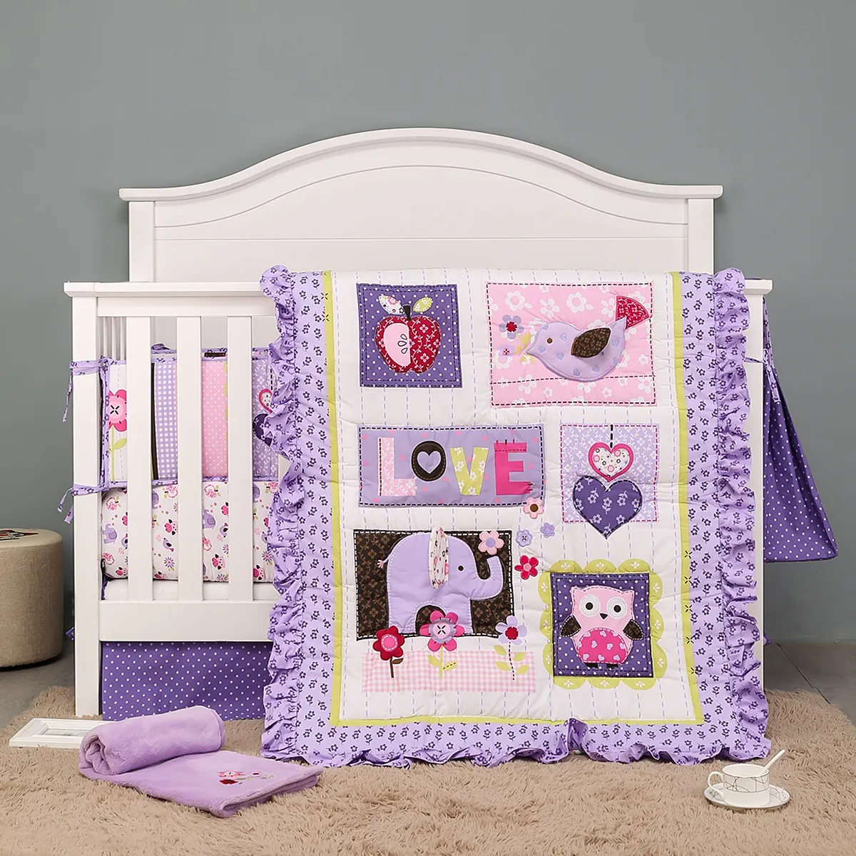 Newborn Cot Bumper Set Quilt Bedding 100%cotton Crib Bumper Sheet Purple Cartoon Comforter Baby Bedding Sets