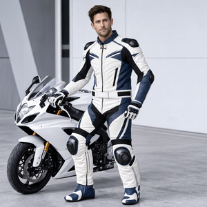 Traje de Motociclismo Lenvique ST101 Blanco y Azul, Chaqueta y Pantalones de Cuero Estampado para Carreras, Protección Completa, 220g, OEM Personalizado - Product Image 1