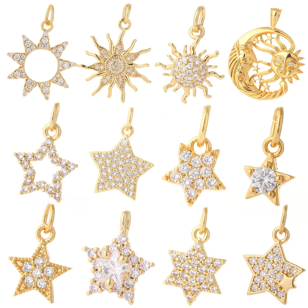 Star Sun Pendant Charms for Earrings Necklace Making Supplies Accessories Gold Polaris Diy Jewelry Charms Metal Copper CZ Zircon