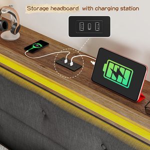 Nữ Hoàng khung giường, Nữ Hoàng Kích thước khung giường rắn bằng gỗ nền tảng với được xây dựng trong Trạm Sạc bọc đầu giường <span class=keywords><strong>LED</strong></span>, không có tiếng ồn - Product Image 4