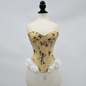 Artistic Floral Printed Corset Lace Trim <b>Strapless</b> Sweetheart Overbust Bodice Waist Cincher Shaping Bustier <b>Top</b> - Product Image 5