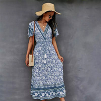 Robe de style ethnique à fleurs teintées, col en V, taille S-2XL, robe de plage estivale, style bohème