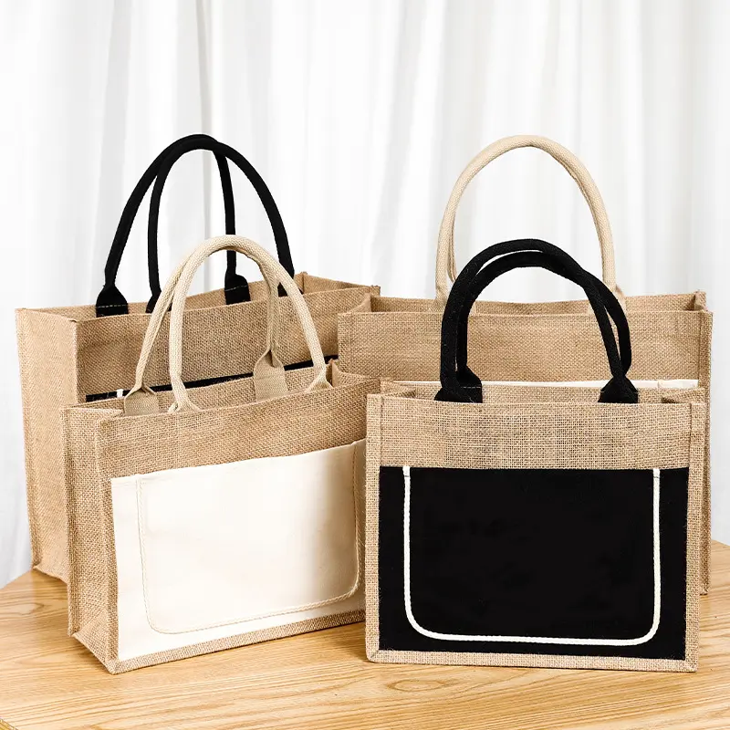 Wholesale promotional colorful design burlap jute tote bags with pockets reusable and eco-friendly