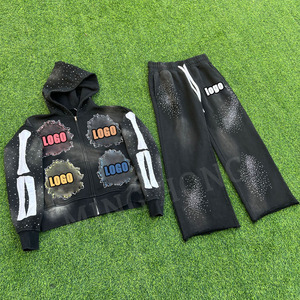 Custom Applique Patch Embroidery Logo Vintage Zipper Hoodie Sets Rhinestone Washed Flared Tracksuit Set - Product Image 2