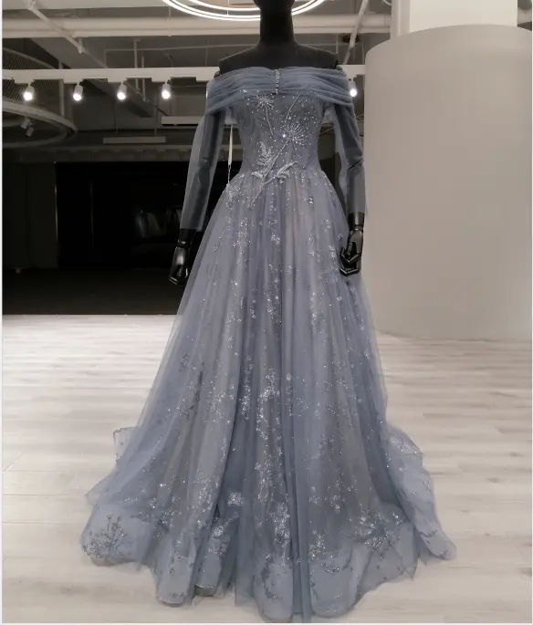 2021 Blue Elegant Beaded and Appliqued Lace Prom Dresses Evening Party Gowns with Off Shoulder Formal Dresses
