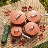Ensemble de 8 poêles de cuisson en aluminium antiadhésives avec revêtement céramique de qualité supérieure, idéal pour la vente en gros. Couvercle plat avec poignée en acier inoxydable
