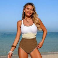 Maillot de bain une pièce sport pour femme - Spandex/Nylon, taille haute, dégradé de couleurs, bordure festonnée, bretelles réglables, séchage rapide
