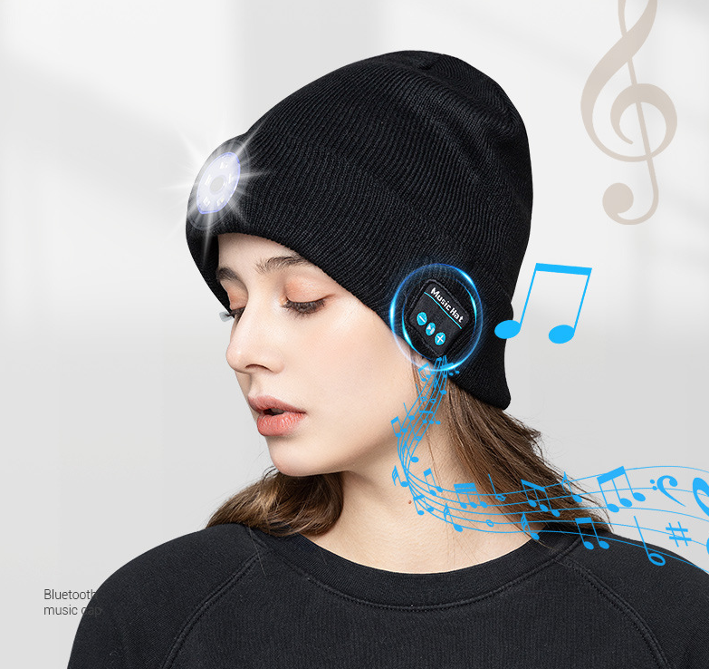 AHASTI Bluetooth Beanie Hat With Light For Men Rechargeable 4 LED Headlamp Cap Wireless Headphones Unique Gifts For Men Dad Teen-Grey