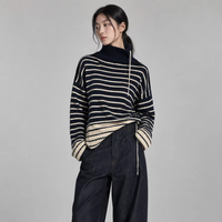 Pull en tricot à col roulé rayé personnalisé pour femmes, noir et blanc, manches longues, pour l'automne et l'hiver