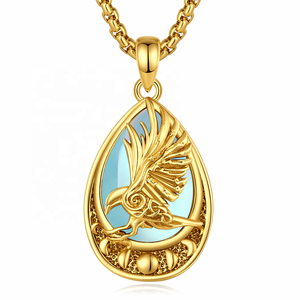 Collana con Pendente a Goccia Placcato Oro 18K, Fasi Lunari Celtiche con Corvo, Pietra <span class=keywords><strong>di</strong></span> <span class=keywords><strong>Luna</strong></span>, Amuleto Spirituale Vichingo, Gioiello Regalo - Product Image 1