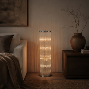 Modern Ribbed Glass Floor Lamp With Metal Base For Living Room Bedroom And Hotel Decor - Product Image 1
