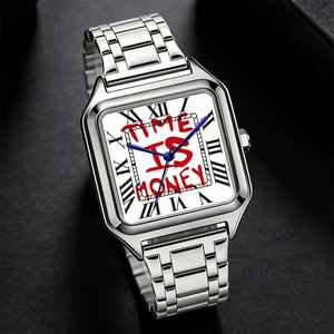 TIME IS MONEY Montre pour homme en acier inoxydable avec cadran carré, montre de luxe pour homme, montre à quartz numérique romaine, étanche - Product Image 1