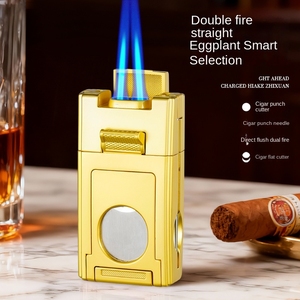 Briquet à double flamme pour cigares, coupe-vent, au butane, avec aiguille et coupe-cigare, outil multifonctionnel pour fumeurs, portable - Product Image 5