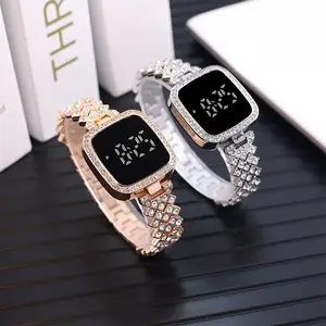 Best Verkopende Dames Diamant Ingebedde Led Horloge Stalen Riem Mode Touchscreen Dame Elegant Horloge