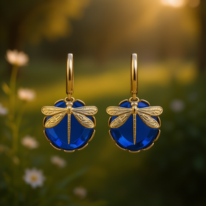 Pendientes colgantes de libélula dorada con engaste de cristal azul, estilo vintage para mujer, uso diario E4108 - Product Image 2