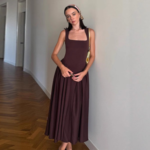 Robe d'été Nouvelle couleur pure Élégant col carré cintré <span class=keywords><strong>Gilet</strong></span> plissé - Product Image 6