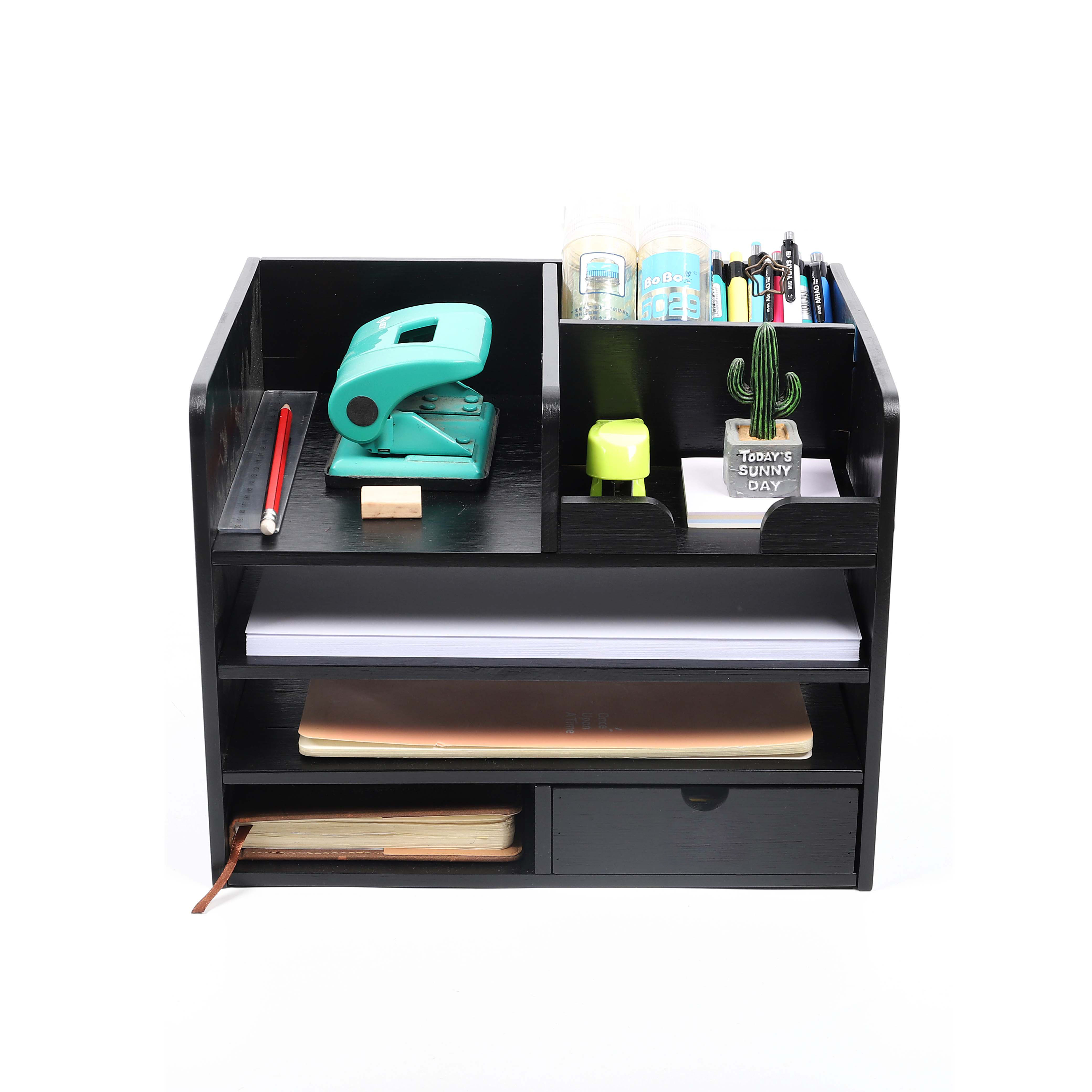 bamboo Desk organizer storage notes and pens, drawer, office home organization rack black color