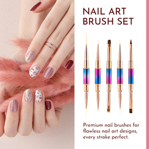 Lot de 5 pinceaux à ongles à manche métallique dégradé, double tête ovale, poils en nylon doux pour la conception d'ongles haut de gamme en salon - Product Image 5