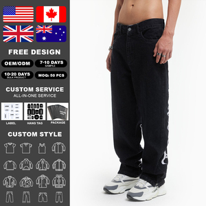 KingSen OEM Custom Men's High Quality Embroidered Wide Leg Baggy Jeans Washed Heavyweight Cotton Denim Y2K Streetwear <b>Pants</b> - Product Image 2